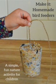 a person is holding a bird feeder with the words make it homemade bird feeders