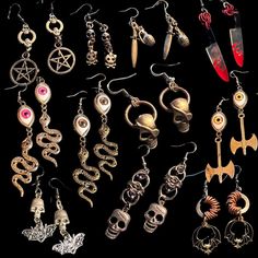 big time sale halloween earring time!  ⛓ Earrings:  Earrings are made on stainless steel hooks by default, also available are leverbacks or clip-ons. Just add a note in checkout!  ⛓ Materials:  Stainless steel:  Stainless steel is our personal favorite to use, since it's rust and tarnish proof! These rings are typically heavier than other materials but it makes it more comfortable in our opinion. It is slightly more expensive, but so worth it.  Anodized aluminum: A lightweight and more affordabl Metal Jewelry For Halloween Alternative Fashion, Metal Jewelry For Alternative Fashion Halloween, Halloween Metal Jewelry For Alternative Fashion, Halloween Cosplay Jewelry In Metal, Halloween Cosplay Metal Jewelry, Edgy Halloween Jewelry, Fantasy Metal Jewelry For Alternative Fashion, Gold Punk Jewelry For Halloween, Punk Gold Jewelry For Halloween