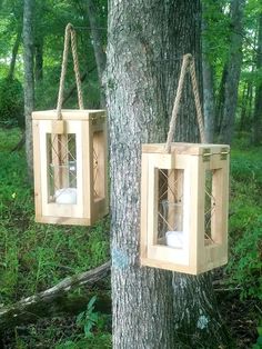 two wooden lanterns hanging from a tree in the woods