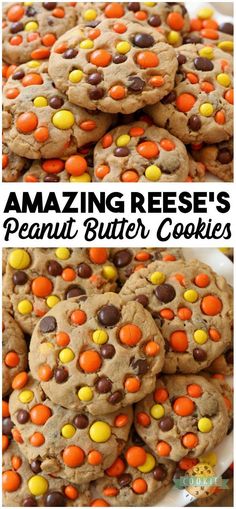 cookies with chocolate chips and candy on top are shown in three different pictures, one has reese's peanut butter cookies