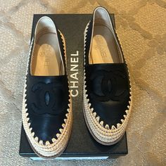 Authentic Chanel Espadrilles. Size 6. Beautiful Condition. Comes In Box With Two Dust Bags. Style Seen. Black Leather Chanel Espadrilles, Bags Style, Chanel Black, Chanel Shoes, Espadrille Shoes, Espadrilles, Dust Bag, Black Leather, Chanel