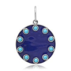 Mediterranean Blue Enamel & Turquoise Disc Charm Blue Enamel Jewelry With Polished Finish, Blue Round Cabochon Jewelry, Blue Round Pendant Jewelry With Polished Finish, Elegant Blue Jewelry With Smooth Bezel, Blue Disc, Mediterranean Blue, Ring Chain, Mediterranean Sea, Natural Turquoise