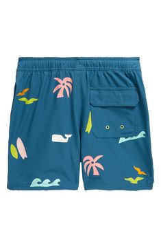 These quick-drying swim trunks feature a fun, summery print and a handy back flap pocket with drainage grommets to help prevent ballooning. Elastic/drawstring waist Front slant pockets; back flap-patch pocket Mesh liner 90% recycled polyester, 10% polyester Machine wash, line dry Imported Playful Swim Trunks For Ocean Activities, Playful Swim Trunks For Summer, Fun Swim Trunks For Beach Season, Playful Blue Swim Trunks For Summer Activities, Playful Swim Trunks For Pool And Beach Season, Fun Blue Bottoms For Poolside, Playful Blue Swimwear For Water Sports, Fun Blue Poolside Bottoms, Playful Blue Swim Trunks For Poolside