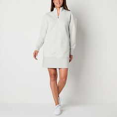 Go for a comfortable trendy look when wearing this women's quarter-zip sweatshirt dress from Xersion. Made from soft recycled cotton-fleece, it has a mock neck, drop shoulders to emphasize its loose fit, long sleeves, side pockets, and a mini hem. Pair it with crew socks and sneakers.Closure Type: Pullover HeadNeckline: Mock NeckPockets: 2 Side Slip PocketsSleeve Length: Long SleeveSleeve Style: Cuffed SleeveApparel Length: 35 InchesDress Length: Midi LengthFiber Content: 55% Cotton, 45% Recycle Sporty Long Sleeve Sweatshirt Dress For Fall, Sporty Long Sleeve Dress, Casual Sweater Dress With Ribbed Cuffs, Medium Dresses, Zip Dress, Sweater Dresses, Sweater Dress Women, Quarter Zip Sweatshirt, Small Dress