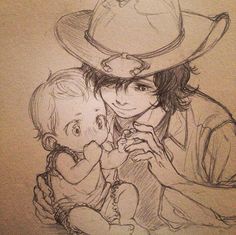 a drawing of a woman holding a baby in her lap and wearing a cowboy hat