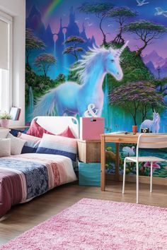 a bedroom with a unicorn mural on the wall