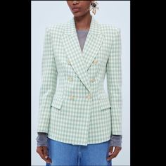 Zara New With Tag Tailored Green Blazer Metal Button Size Small Double Breasted Materials: Cotton Blend Tailored Spring Blazer With Snap Buttons, Zara Spring Blazer With Button Closure, Zara Blazer With Button Closure For Spring, Zara Double-breasted Button-up Blazer, Zara Spring Blazer With Buttons, Spring Green Double-breasted Blazer, Green Blazer, Zara New, Zara Jackets