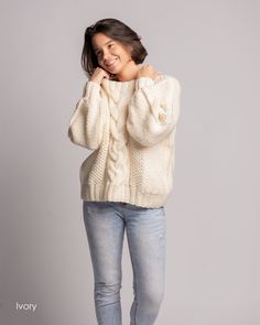 "XS to 2XL / 17 colors available / Super soft and warm this sweater will be your best friend during the cold months. The non-itchy yarn is perfect for sensitive skin. Hand knitted with lots of love! Measurements: XS (US 0-2; UK 4-6; EU 32-34) shoulder width - 35 cm (13.7\") length - 58 cm ( 22.8\" ) sleeve - 56 cm ( 22\" ) bust - 82 cm ( 32.2\" ) hip - 88 cm ( 34.6\" ) S (US 4-6; UK 8-10; EU 34-36) shoulder width - 37 cm (14.5\") length - 58 cm ( 22.8\" ) sleeve - 56 cm ( 22\" ) bust - 88 cm ( 3 Cream Long Sleeve Knitting Pattern For Fall, Casual Cream Long Sleeve Knitting Pattern, Knitted Turtleneck Sweater In Winter White, Winter White Knitted Turtleneck Sweater, Winter White Cable Knit Sweater, Casual Cream Knitting Pattern For Fall, Cream Sweater For Cold Weather, Cozy Cream Long Sleeve Knitting Pattern, Cozy Cable Knit Long Sleeve Top