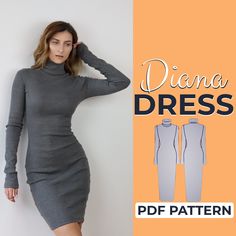 "Whole shop bundle: https://www.etsy.com/listing/1511002278 ------------------------------------------------------------------------------------- Meet the --DIANA DRESS Sewing Level--Beginner Pattern Type--This is a digital PDF Sewing Pattern.  This is not a paper pattern that you would receive in the mail.   Pattern LanguageEnglish  Pattern Features -- No Closure Bodycon Style Turtle Neck Long Sleeve Knee Length Sizes --XXS-XXXL Seam Allowance --3/8\" (1cm) already included Sewing Tools / Equipment -- Zigzag sewing Machine -Measuring tape -Scissors -Pins or clips -Coordinating thread -Fabric marker -Hand sewing needle -Seam ripper Notions --n/a Fabric Type--Stretch Fabric - 4 way stretch   Recommended Fabrics -- This pattern is best suited for medium weight knitted fabrics such as Rib Kni High Neck Dress Pattern, Long Sleeve Dress Sewing Pattern, Long Sleeve High Neck Dress, Sweater Dress Pattern, Long Sleeve Dress Winter, Diana Dress, Knit Dress Pattern, Long Sleeve Fitted Dress, Seam Allowance