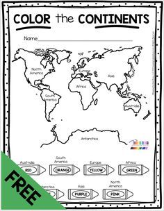 a coloring page with the words color the continents on it and an image of a map