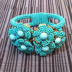 This Beauty Is A Rare Early 1930s Miriam Haskell Clamper Bracelet. Vintage Frank Hess Miriam Haskell Clamper Turquoise Bracelet With Beaded Flowers. Absolutely Beautiful Piece! **Not Eligible For The Bundle Discount! Fast Shipping!! Vintage Turquoise Round Bead Bracelets, Traditional Blue Jewelry With Bead Caps, Light Blue Beaded Bracelet, Vintage Blue Beaded Bracelets With Round Beads, Elegant Turquoise Bracelets With Large Beads, Elegant Turquoise Bracelet With Large Beads, Vintage Turquoise Beaded Bracelets, Vintage Blue Beaded Bracelets, Handmade Vintage Blue Beaded Bracelets