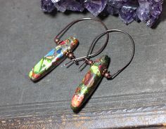 Jasper Earrings Rustic Stick Colorful Gemstone Boho Copper Artisan Multicolor Wire Wrapped Earrings, Multicolor Jasper Jewelry For Gift, Handmade Multicolor Jasper Jewelry, Bohemian Multi-stone Dangle Earrings, Earthy Jasper Hand-strung Jewelry, Multicolor Hand-strung Jasper Jewelry, Jasper Earrings, Copper Earrings, Gemstone Colors