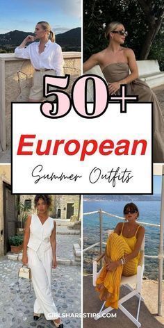 the cover of 50 european summer outfits, with photos of women in white and yellow