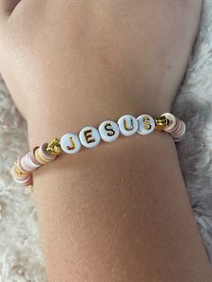 Jesus neutral Clay beaded bracelet God Clay Bead Bracelet, Bible Verse Clay Bead Bracelet, Trendy Beaded Beige Jewelry, Everyday White Beaded Rosary Bracelet, Beige Beaded Bracelets With Colorful Round Beads, Beige Beaded Bracelets With Round Beads, Casual Beige Beaded Bracelets As Gift, Casual Beige Beaded Bracelets For Gifts, Beige Round Beads Stretch Bracelet As Gift