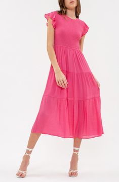 Blu Pepper Flutter Sleeve Smocked Tiered Midi Dress | Nordstromrack Spring A-line Maxi Dress With Smocked Back, Spring Dress With Ruched Bodice And Flutter Sleeves, Solid Color Tiered Midi Dress For Summer, Casual A-line Maxi Dress With Smocked Back, Flutter Sleeve Midi Sundress With Smocked Back, Flutter Sleeve Sundress With Smocked Back, Summer A-line Smocked Dress With Smocked Bodice, Spring Midi Dress With Flutter Sleeves In Solid Color, Sundress With Smocked Back And Flutter Sleeves