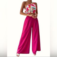 Nip Elegant Two-Piece Floral One Shoulder Knot Back Crop Top & Wide Leg Pants. Sizes Medium & Large. This Is Such A Cute And Elegant To Piece Crop Top And Wide Leg Pants Outfit. Great For Spring Parties, Vacations, Cruises, Etc. You Will Look So Beautiful In This Set. * Color- Rose Red * Sizes: Medium & Large * Two-Piece Set * Crop Top * Wide Leg Pants * One Shoulder Knot Back * Elegant * Asymmetrical * Non-Sheer * Floral Print Top * No Elasticity * All Seasons * Off The Shoulder * Machine Wash Top And Wide Leg Pants, Cleaning Fabric, Wide Leg Pants Outfit, Shoulder Knots, Leg Pants Outfit, Boutique Pants, Polyester Pants, Floral Pants, Floral Print Tops