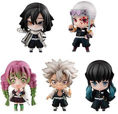 four anime figurines with different outfits and hair