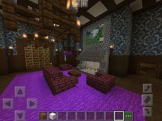 a living room filled with furniture and lots of purple carpeted flooring in front of a fireplace