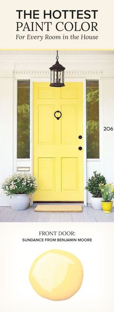 the front door is painted yellow and has two potted plants on either side of it