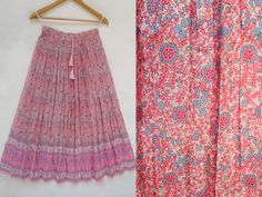 "ITEM DESCRIPTION blue pink floral printed cotton long maxi skirts - broomstick style maxi skirts Material: 100% cotton voile soft crinkled fabric Length: - 38 inch long Waist :-28.00 inch full (14 inch half) 28 inch relaxed can stretch up to 50 inch Size: free size (fit to all) PRODUCT NAME: - Long Women Maxi skirts Ladies Vintage Long skirts Company Return Policy: Please write for more information to my email directly CHOOSE \"ASK SELLER QUESTION \" payment policy:- we accepts payment through Bohemian Maxi Length Pink Skirt, Bohemian Pink Maxi Skirt, Pink Floral Print Flowy Maxi Skirt, Bohemian Pink Floral Print Maxi Skirt, Flowy Pink Maxi Skirt For Spring, Pink Cotton Maxi Skirt For Beach, Summer Pink Cotton Maxi Skirt, Bohemian Cotton Pink Skirt, Pink Cotton Maxi Skirt For Summer