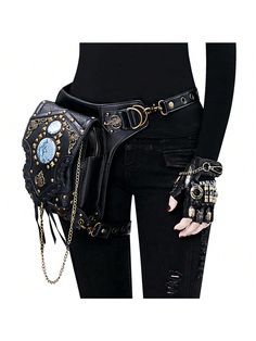 New Fashion Cross-Border STEAMPUNK Style Steam Punk One Shoulder Diagonal Bag For Women Motorcyclist Chain Bag, Multi-Functional PU Leather Waist Bag Black Funky   PU Leather Colorblock,Geometric,Halloween,Plaid,Plain,All Over Print,Textured Pattern Functional Leg Bag   Women Bags, size features are:Bust: ,Length: ,Sleeve Length: Steampunk Waist Bag, Steampunk Mode, Moda Steampunk, Steampunk Bag, Thigh Holster, Waist Bag Men, Mode Steampunk, Holster Bag, Leather Waist Bag