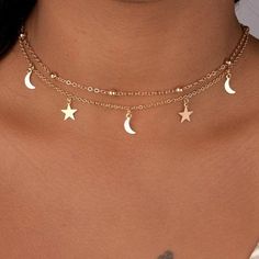 Pretty Jewelry Necklaces, Diamond Necklaces, Dope Jewelry, Classy Jewelry, Double Chain, Cute Necklace, Moon Star