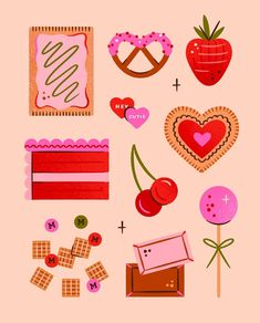 an assortment of valentine's day items on a pink background with hearts, cookies and candy