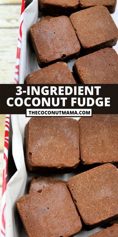 three ingredient coconut fudge in a tray with text overlay