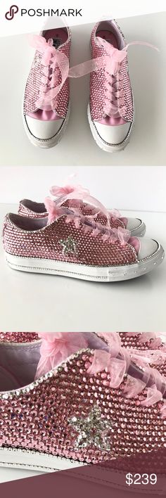 Converse Pink White Swarovski Studded Low Sneakers Features: Pink canvas body White rubber outsole, platform, and cap toe Pink Satin ribbon shoe laces Swarovski crystals throughout  Materials: Canvas Rubber Swarovski crystals  Measurements: Size 9 Insole Length: 10.25” Outsole Length: 10.75 Outsole Width: 3.75”  Condition: Gently used.  Some missing crystals throughout, but extra crystals are included. Some marks and scratches throughout.  Overall, this item is in good condition.  Natural wear t Pink Sports Sneakers With Studded Outsoles, Pink Rhinestones Sneakers In Synthetic, Pink Embellished Low-top Sneakers, Pink Bling Converse, Pink Slip-on Sneakers With Perforations, Ribbon Shoe Laces, Converse Pink, Pink Canvas, Womens Converse