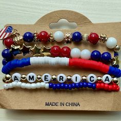 5 Patriotic, Fourth Of July Bracelets, Red, White & Blue America Usa Flag Usa Accessories, Fourth Of July Jewelry, Usa Friendship Bracelet, Blue Jewelry For 4th Of July Beach Day, Adjustable Blue Jewelry For 4th Of July, Adjustable Multicolor Jewelry For Independence Day, Patriotic Blue Bracelets For Beach, Patriotic Blue Beaded Bracelets, Casual Multicolor Bracelets For 4th Of July