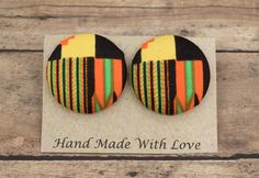 Button is 40mm (1 1/2 inches) long and wide; silver plated stud post Button Earrings, Fabric Covered Button, African Fabric, Fabric Covered, Covered Buttons, Jewelry Earrings Studs, Silver Plate, Etsy Earrings, Silver Plated