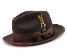 2 ⅜ Brim Wool Felt Dress Hat with Feather Accent Brown with Red Bottom Clothes For Big Men, Homburg Hat, Hat With Feather, Felt Dress, Vest And Bow Tie, Brown With Red, Popular Hats, Mens Hats Fashion, Fedora Hat Men