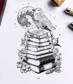 a drawing of a bird sitting on top of a stack of books