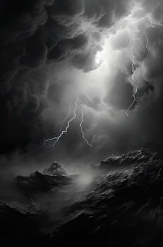 a black and white photo of a storm in the sky with lightning coming from behind it