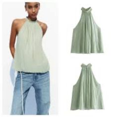 Zara Sea Green Wrinkle Effect Foil Top Halter Top. Shiny Wrinkle Effect Fabric. Back Hidden Button Closure. Sea Green 3564/071 Summer Solid Blouse With Crinkle Texture, Versatile Non-stretch Summer Blouse, Flowy Crinkle Texture Spring Tops, Spring Green Tops With Crinkle Texture, Spring Trendy Blouse With Crinkle Texture, Trendy Spring Blouse With Crinkle Texture, Spring Chic Blouse With Crinkle Texture, Green Crinkle Texture Tops For Spring, Chic Spring Blouse With Crinkle Texture