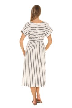 This casual midi complete with side pockets is perfect for days when you want maximum style with minimal effort. The classic crew neck, A-line cotton stripes with short sleeves. Make your summer fun and comfortable. Cotton Midi Dress, Style Gift, Summer Fun, Jumpsuit Dress, A Line, Midi Dress, Short Sleeves, Stripes, Make Your