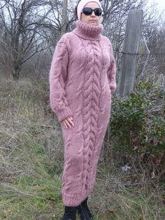 This  unique handmade dress /long sweater is made to give you pleasure and  makes you feel comfortable and stylish.It is suitable for any occasion.With this lovely sweater / dress you will feel beautiful at any time - in everyday life, at work,at home,visit with friends and relatives,in mountain... Wonderful design,warm and soft.Thick and fuzzy...just for you.     Color - Pink      Content  - Wool and Mohair mixed yarn     Sizes - S, M and L.     Measurements, taken with the dress  laid flat, not stretched:   - Body length -  135 sm / 54''   - Width -   50 sm / 20''   - Lenght sleeve from the beginning to the neck - 72 sm / 28.8 ''    Please check carefully the described measurements before you decide to purchase this item.  Thanks for understanding!  If you want this item in another color Hand Knitted Dress, Pull Mohair, Cable Knit Turtleneck, Cable Knit Dress, Handmade Knitwear, Knit Turtleneck, Knitted Coat, Mohair Sweater, Handmade Dresses