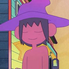 a cartoon character wearing a purple hat and standing in front of a building with an open door