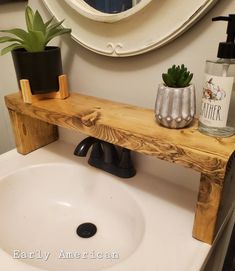 a bathroom sink with a wooden shelf next to it and a potted plant on the counter