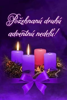 three lit candles with purple ribbon and pine cones on the side, in front of a purple background