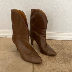 Used Once. In Great Condition. Minimal Signs Of Wear Mostly On The Bottom. Calf Leather Closed Toe Boots With Padded Heel, Calf Leather Boots With Padded Heel And Closed Toe, Vintage Leather Heeled Boots With Closed Toe, Vintage Leather Closed Toe Heeled Boots, Designer Leather Heeled Boots With Pointed Toe, Brown Leather Snip Toe Heels, Designer Brown Boots With Sculpted Heel, Leather Heels With Heel Pull Tab And Pointed Toe, Calf Leather Boots With Sculpted Heel