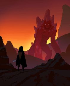 a person standing in front of a giant red monster at sunset or sunrise with the sun setting behind them