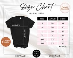 ✩THIS IS A DIGITAL DOWNLOAD FOR A TEMPLATE ONLY - No physical copy will be sent to you, only digital files.✩ An easy and quick way to create a size chart for your small business! Editable Gildan 5000 Size Chart, T shirt size chart, Women Size Chart, Gildan Size Chart, Gildan Sizing Chart, Size Chart usa, Canva Template All templates are fully customizable in Canva. You can change the text, font, colors, pictures, and more. No photoshop required! I recommend using a computer to edit the templates Tshirt Size Chart Template, Size Chart Women, Size Chart Template, T Shirt Size Chart, Shirt Size Chart, Selling Clothes Online, Colors Pictures, Blouse Size Chart, Expressions Vinyl