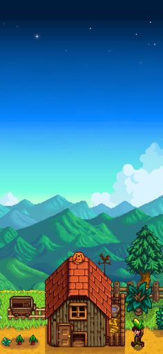 an old - school video game is shown with mountains and trees in the background,