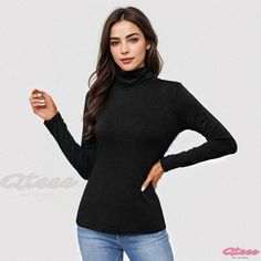 Qteee - Solid Color High Neck Long Sleeve Knit Slim Fit Top Casual Fitted Knitted Turtleneck, Casual Fitted Knit Turtleneck, Fitted Casual Knitted Turtleneck, Fitted Knitted Casual Turtleneck, Fitted Knit Casual Turtleneck, Fitted Casual Turtleneck Knit Top, Fitted Casual Knit Top For Winter, Casual Knit Turtleneck Tops, Casual Knit Turtleneck