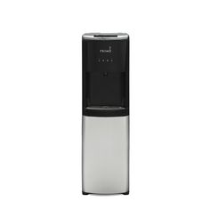 a water dispenser is shown on a white background in this image, it's silver and black