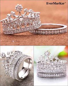 three different types of wedding rings with diamonds on top and bottom, one in white gold