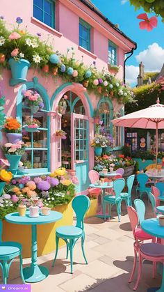 an outdoor cafe with tables and chairs painted in pastel blue, pink, yellow and green