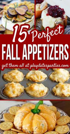 an assortment of fall appetizers with text overlay that reads 15 perfect fall appetizers