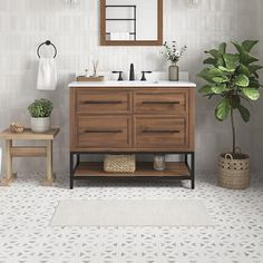 a bathroom with a sink, mirror and potted plant